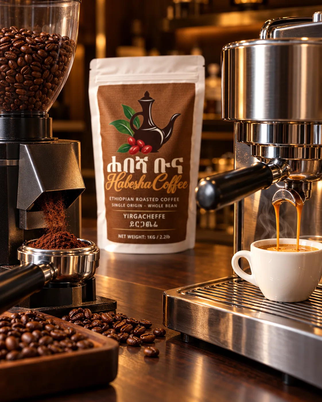 A cafe espresso machine pulling a shot beside a grinder and a bag of Habesha Coffee Yirgacheffe
