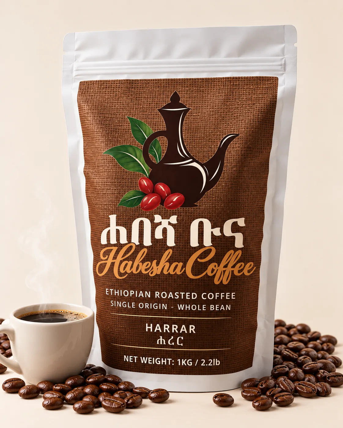 Habesha Coffee Harrar single-origin pouch, 1 kg, 100% Arabica roasted coffee