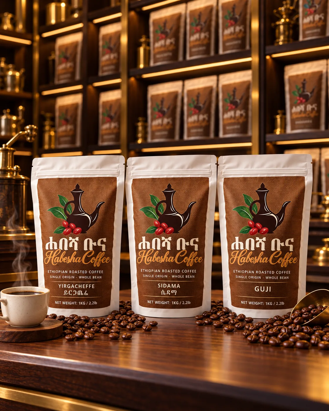 Three bags of Habesha Coffee on a polished wooden counter in front of warmly lit shelves of coffee
