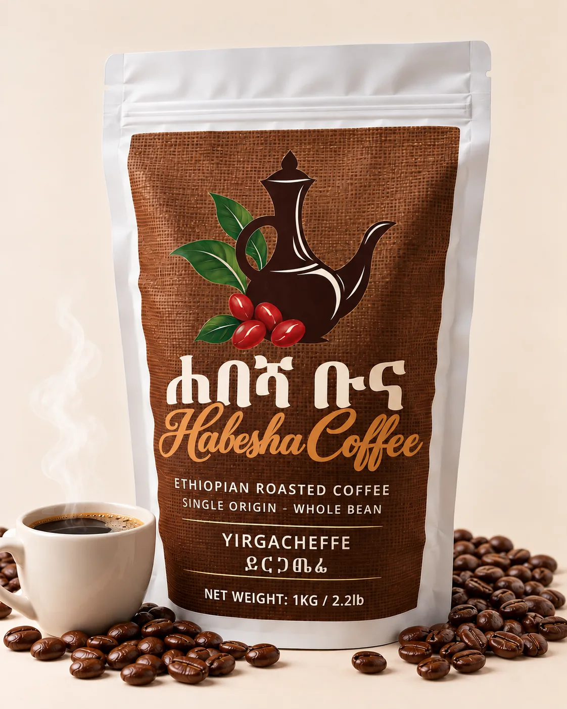 Habesha Coffee Yirgacheffe single-origin pouch, 1 kg, 100% Arabica roasted coffee